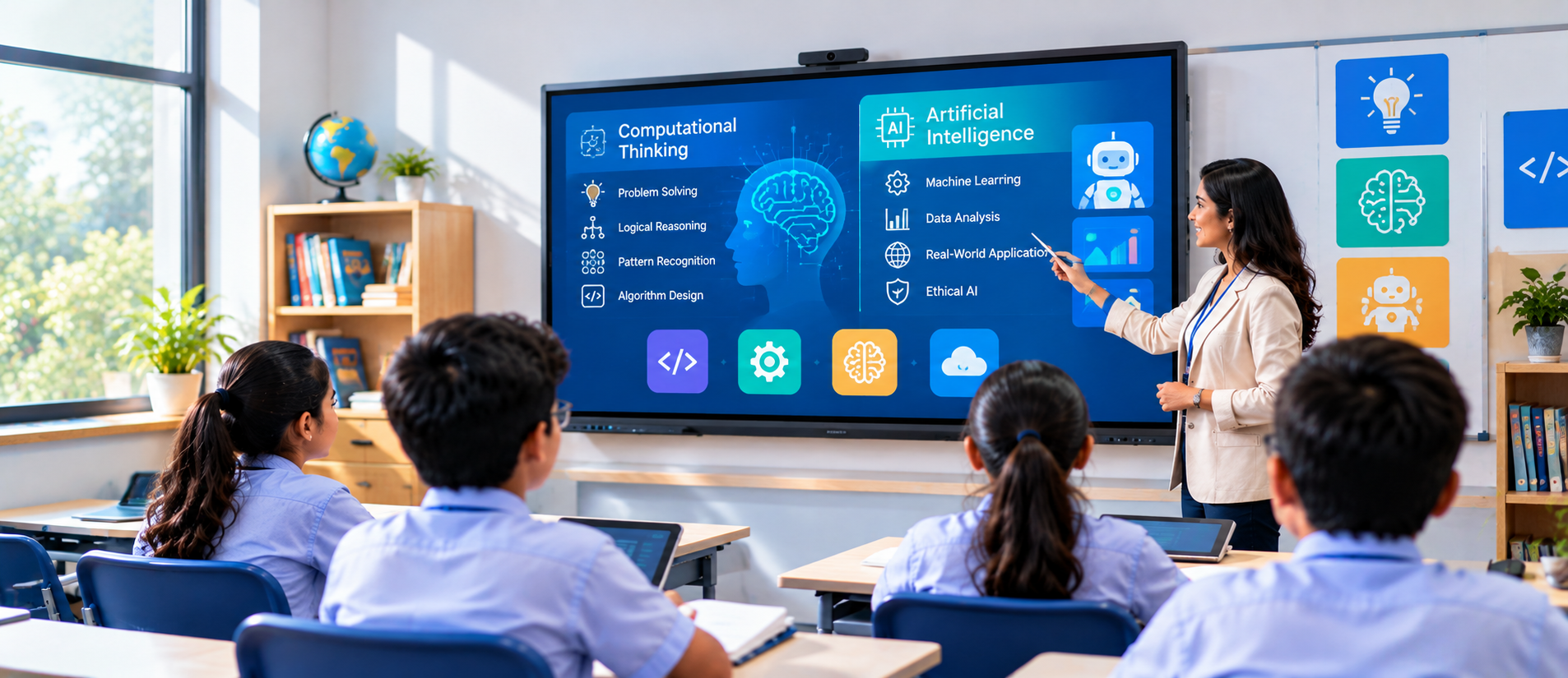 Interactive flat panel for schools supporting AI and computational thinking lessons in a modern classroom.